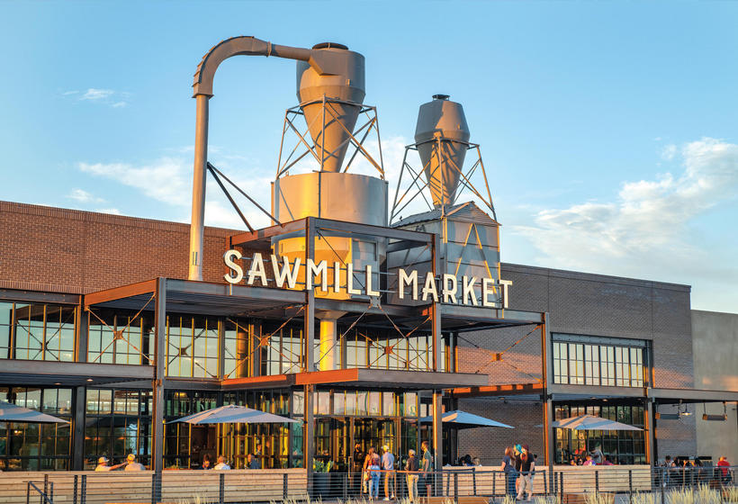 Sawmill Market sign and building